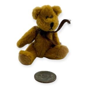 Miniature 5-Way Jointed Plush Teddy Bear 3" Light Brown Ribbon for Trinket Shelf